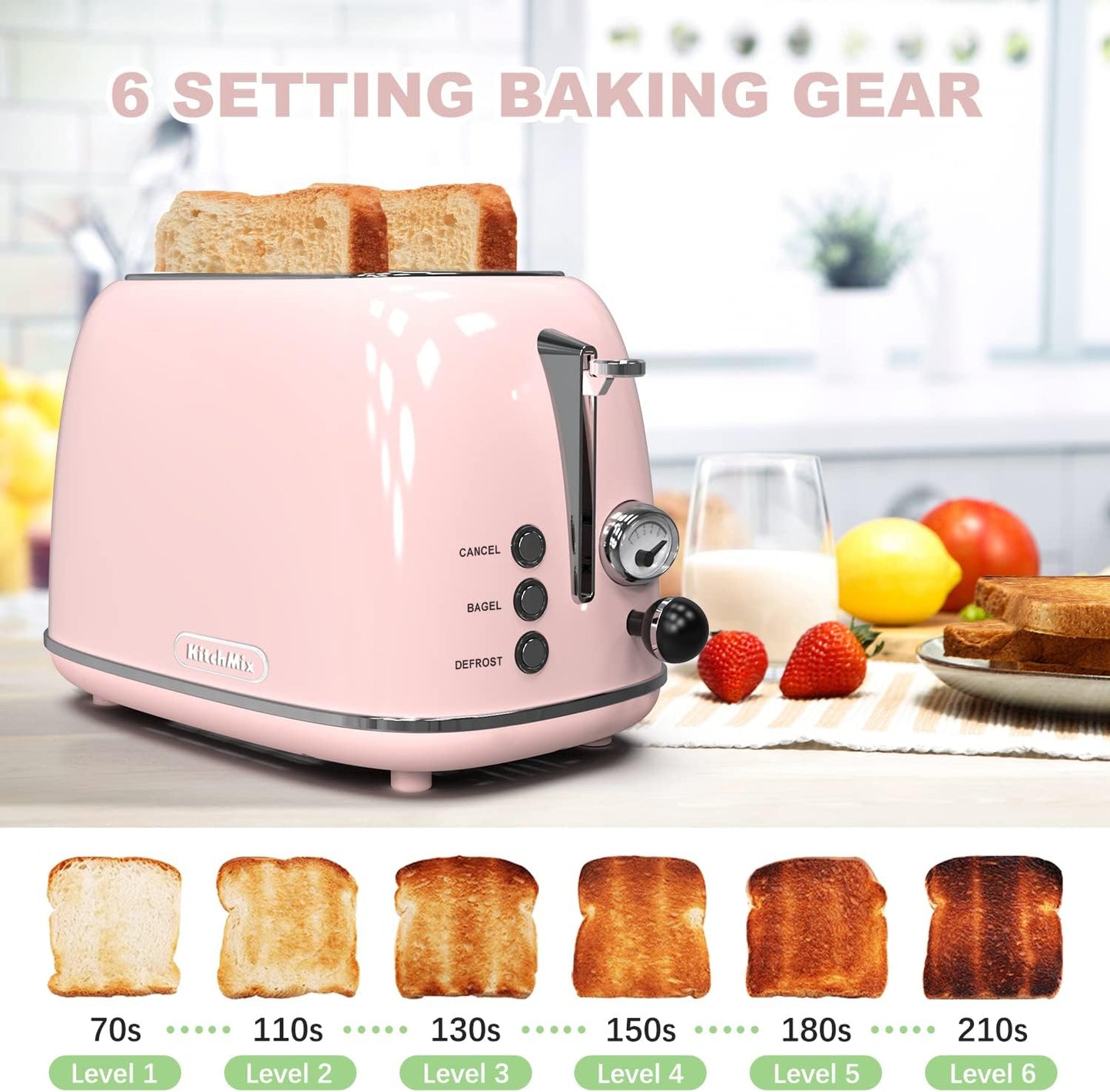 Toaster 2 Slice,Retro Stainless Steel Toaster with 6 Settings, 1.5 in Extra Wide Slots, Bagel/Defrost/Cancel Function, Removable Crumb Tray (Baby Pink)