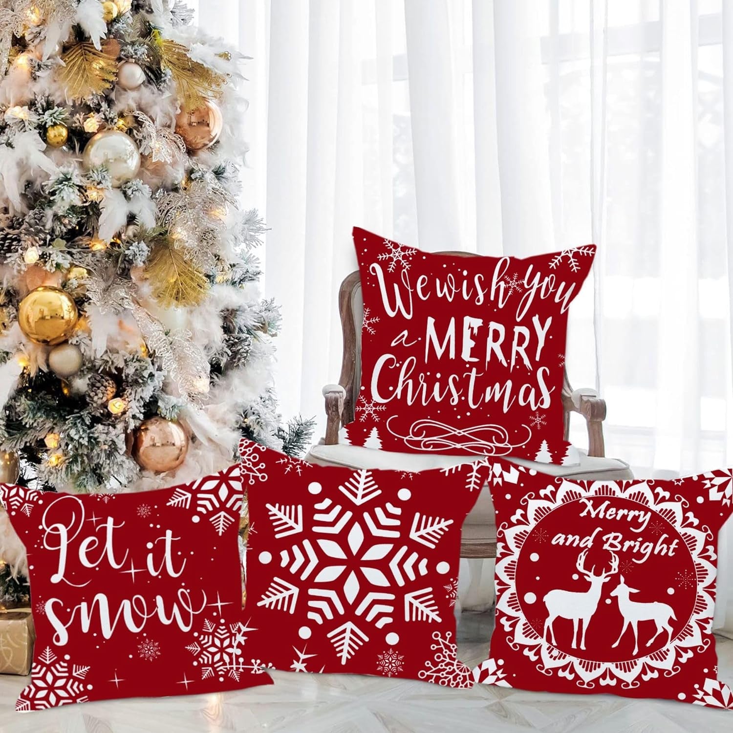 Set of 4 Merry Christmas Deer Snowflake Pine Tree Castle Sled Forest Pattern Red Cotton Linen Square Throw Waist Pillow Case Decorative Cushion Cover for Couch Sofa 22X22 Inches