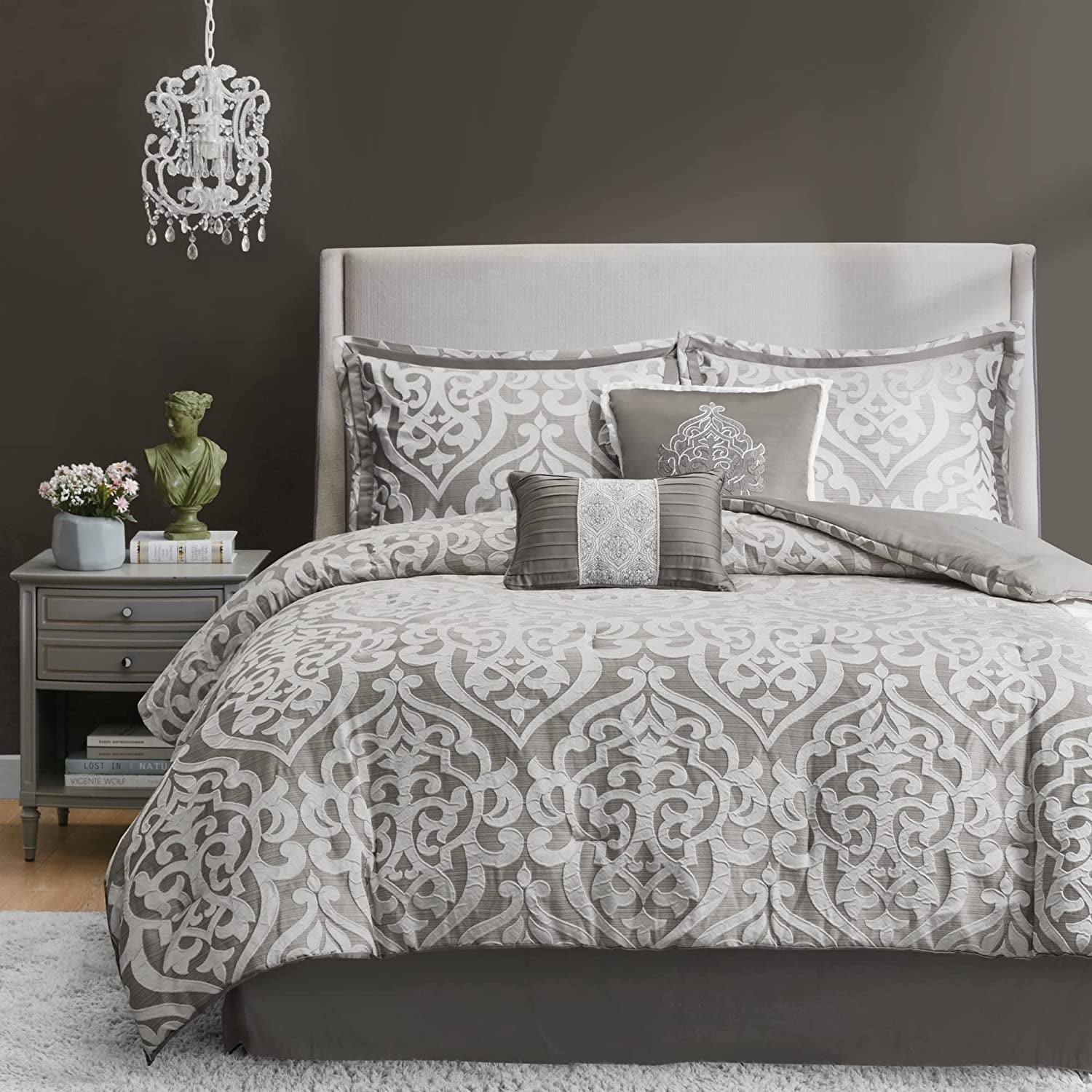 Tesla Cozy Comforter Set Jacquard Damask Medallion Design - All Season down Alternative Bedding, Shams, Bedskirt, Decorative Pillows, Queen (90 in X 90 In), Silver 6 Piece