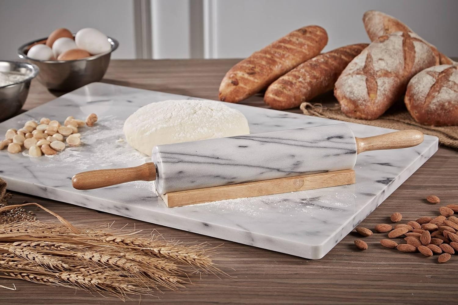 Pastry Board 16X20 Inch Set with Rolling Pin/Wooden Handles 18 Inch(White) Non-Slip Rubber Feets for Stability Perfect for Keep the Dough Cool and Chocolate Tempering(Premium Quality)