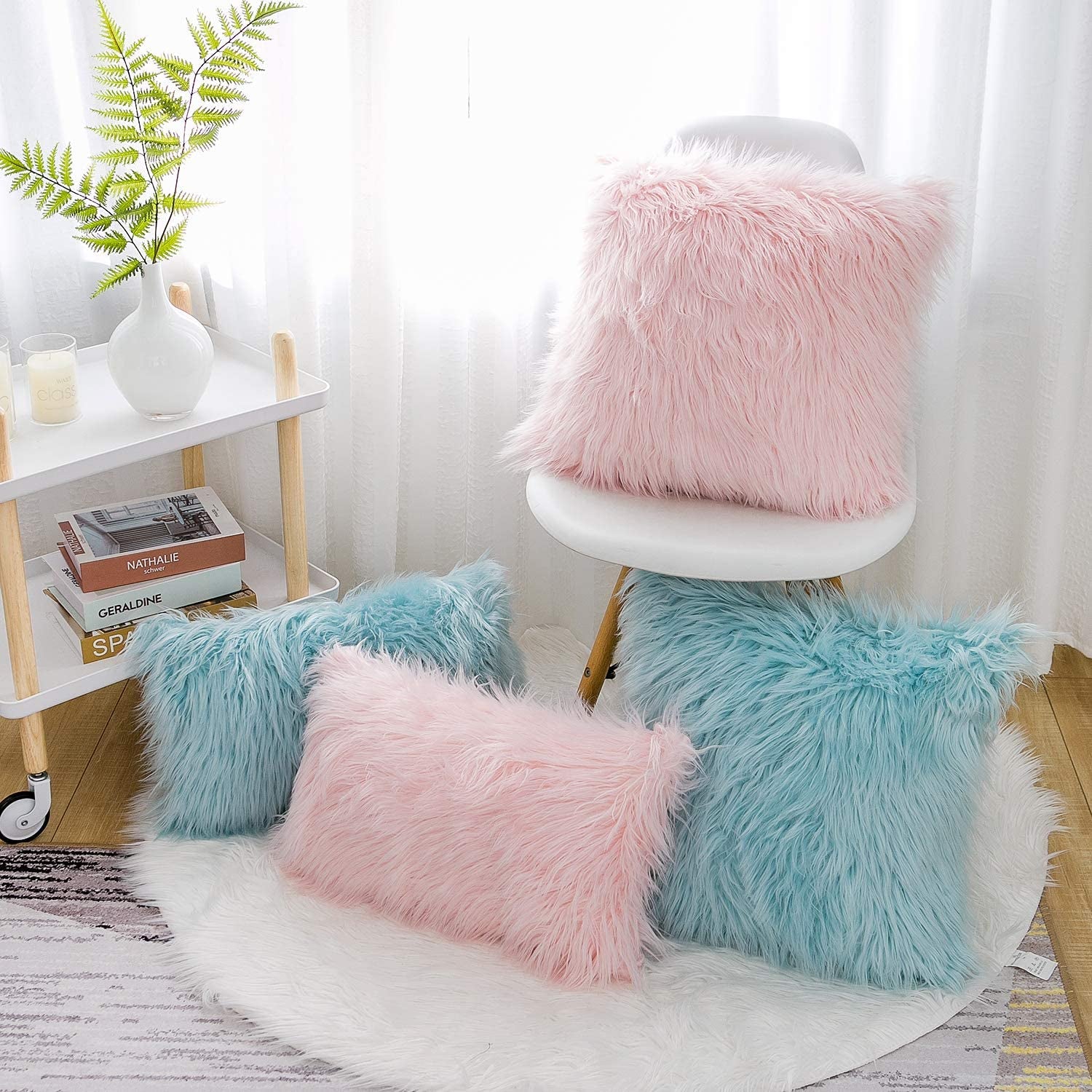 Set of 2 Pink Fluffy Pillow Covers New Luxury Series Merino Style Blush Faux Fur Decorative Throw Pillow Covers Square Fuzzy Cushion Case 18X18 Inch