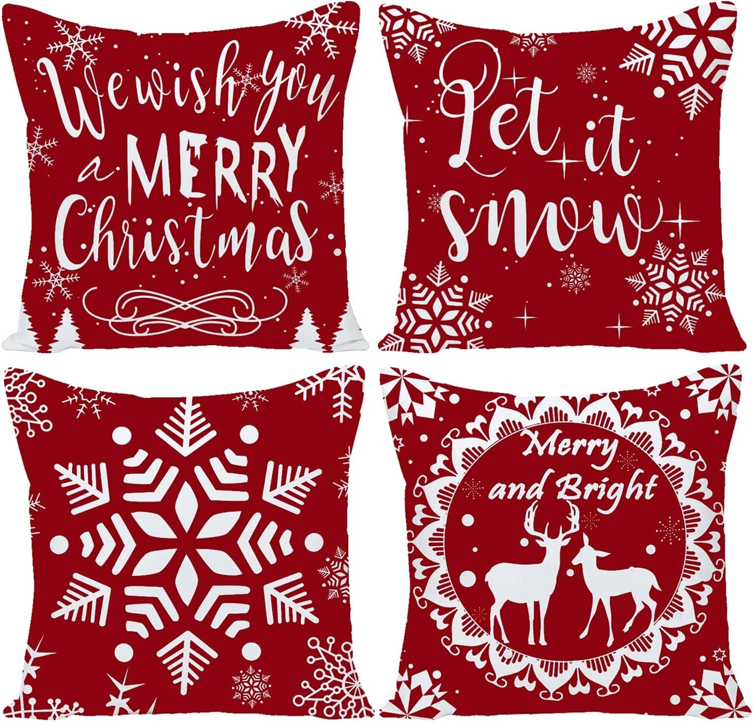 Set of 4 Merry Christmas Deer Snowflake Pine Tree Castle Sled Forest Pattern Red Cotton Linen Square Throw Waist Pillow Case Decorative Cushion Cover for Couch Sofa 22X22 Inches