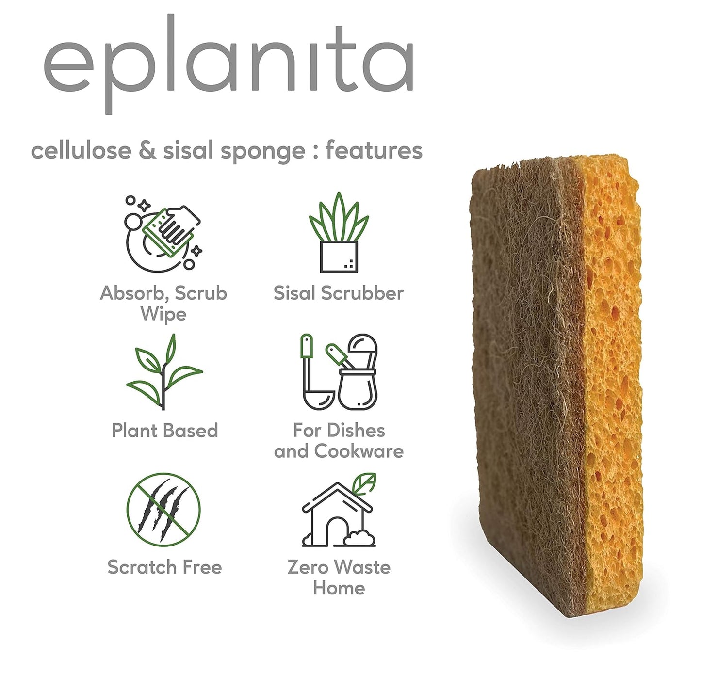 Natural Plant Based Scrub Sponges (3 Pack), Non-Scratch, Biodegradable Eco Scourers for Kitchen and Bathroom